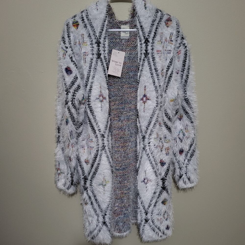 NWT What to Wear Boho Southwestern Eyelash Sweater Duster Cardigan Hood Womens M